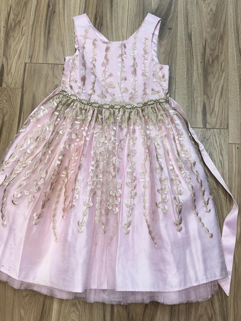 Girls' Pink Embroidered Party Dress with Gold Accents